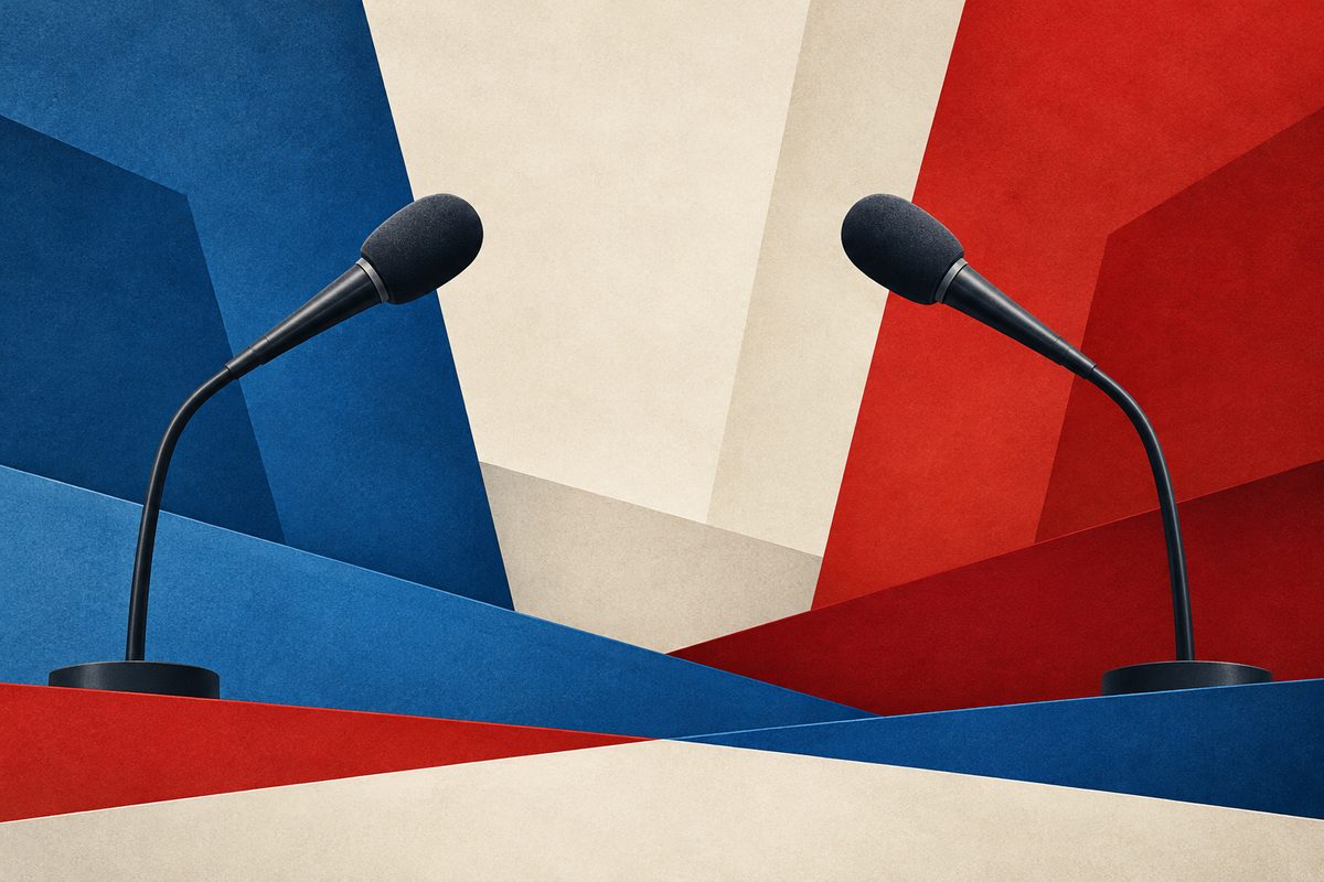 Two debate microphones face each other against an abstract red, white and blue geometric backdrop.